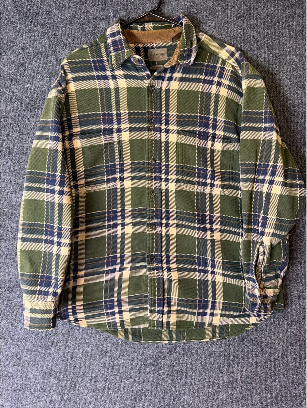 St Johns Bay Brawny Flannel Shirt Mens Large Green Blue Plaid Heavyweight Cotton